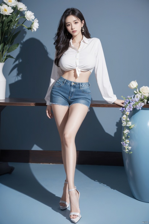  Girl's Full Body Photo, Winter, Realism, 8K, Sexy Short Jeans, White Shirt Long Sleeve, Detail Face, Pretty Face, Master of Light, Huge Flowers, Long Bare Legs, High Heels, Light, Blue Theme, World of Flowers, Big Breasts,shorts, sideboob, gufengsw001, 1 girl