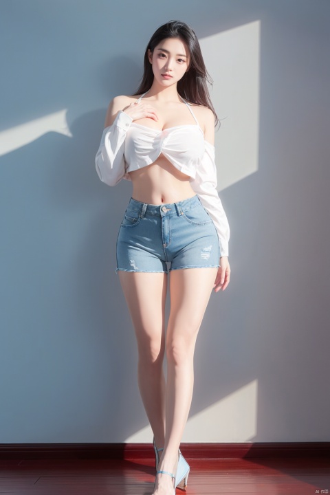  Girl's Full Body Photo, Winter, Realism, 8K, Sexy Short Jeans, White Shirt Long Sleeve, Detail Face, Pretty Face, Master of Light, Huge Flowers, Long Bare Legs, High Heels, Light, Blue Theme, World of Flowers, Big Breasts,shorts, sideboob, gufengsw001, 1 girl, bikini