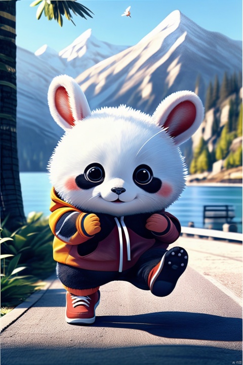  Disney style,A panda , a rabbit man are running along the road by the lake, cute,They're wearing hoodies, pants, and sneakers, wu, chibi, hybrid, MG xiongmao, tusun
