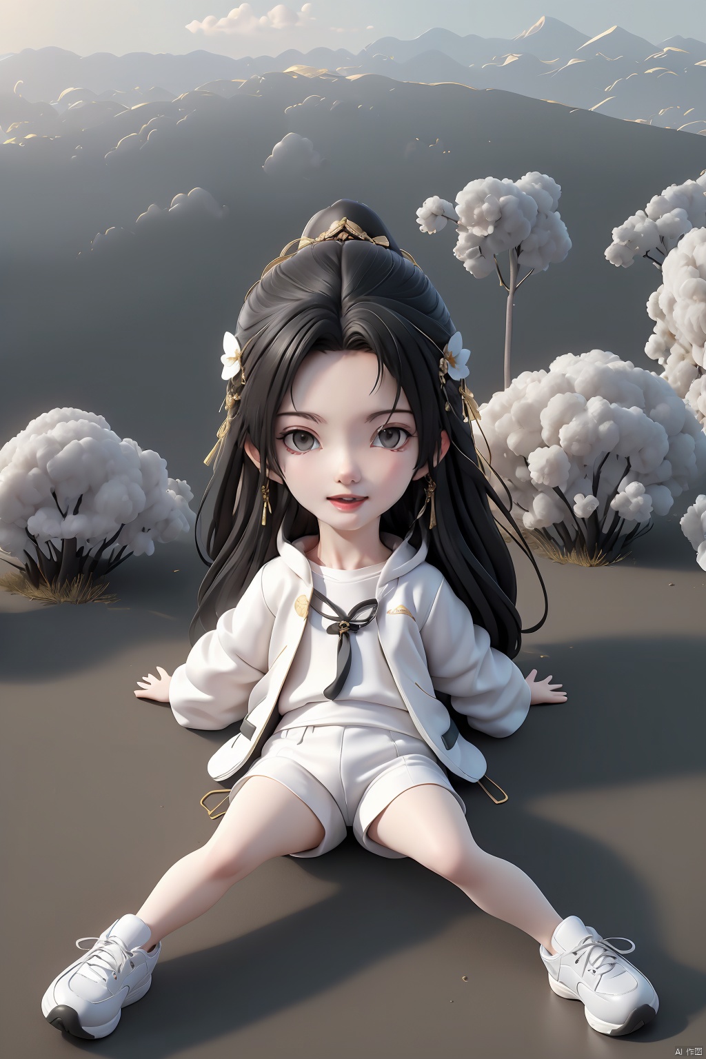 Prompt: A young girl with golden long hair, white T-shirt, open black and white school uniform jacket, flowing clothes, sports pants, beautiful face, sports shoes, sitting on the ground, hands supporting the ground, girlish feeling, design sense, anime, soft light, relaxed atmosphere, sunshine, light, (ultimate special effects, ultimate details, masterpieces, high-quality:1.4), (imaginative, relaxed and freehand scenes, pleasant scenery, outdoor), ((from above)), Light master, ((poakl)), pf-hd, qingyi, LANDING STRIP FEMALE PUBIC HAIR