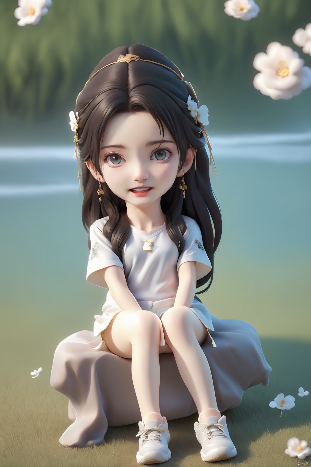 Prompt: A young girl with golden long hair, white T-shirt, open black and white school uniform jacket, flowing clothes, sports pants, beautiful face, sports shoes, sitting on the ground, hands supporting the ground, girlish feeling, design sense, anime, soft light, relaxed atmosphere, sunshine, light, (ultimate special effects, ultimate details, masterpieces, high-quality:1.4), (imaginative, relaxed and freehand scenes, pleasant scenery, outdoor), ((from above)), Light master, ((poakl)), pf-hd, qingyi