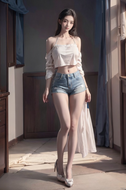  Girl's Full Body Photo, Winter, Realism, 8K, Sexy Short Jeans, White Shirt Long Sleeve, Detail Face, Pretty Face, Master of Light, Huge Flowers, Long Bare Legs, High Heels, Light, Blue Theme, World of Flowers, Big Breasts,shorts, sideboob, gufengsw001, 1 girl, bikini, shidudou