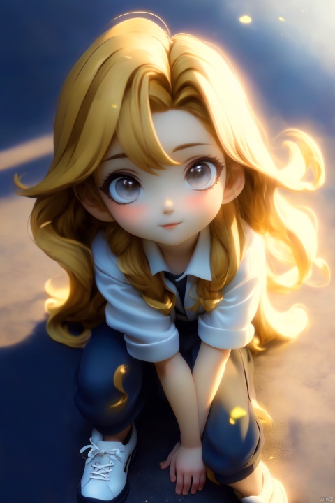 Prompt: A young girl with golden long hair, white T-shirt, open black and white school uniform jacket, flowing clothes, sports pants, beautiful face, sports shoes, sitting on the ground, hands supporting the ground, girlish feeling, design sense, anime, soft light, relaxed atmosphere, sunshine, light, (ultimate special effects, ultimate details, masterpieces, high-quality:1.4), (imaginative, relaxed and freehand scenes, pleasant scenery, outdoor), ((from above)), Light master, ((poakl))