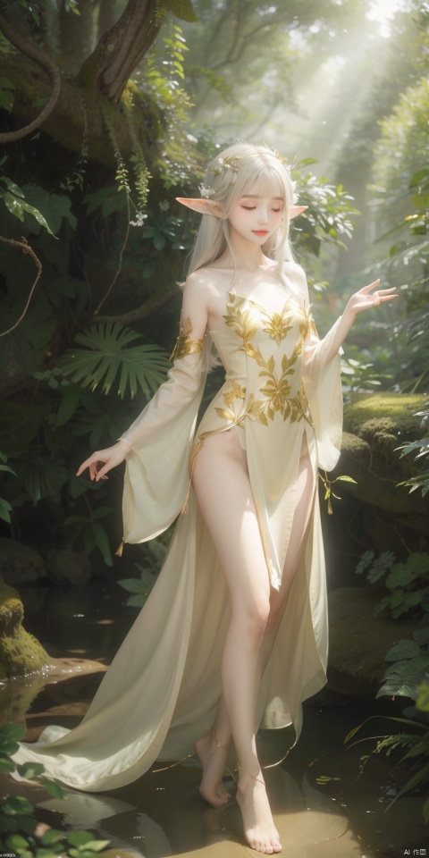 Elf has long flowing hair, which is silvery white or light golden in color. The hair is soft and smooth, gently fluttering in the wind, and emitting a faint light.
face:
Her face is exquisite, her features are delicate, her skin is as smooth as porcelain, her ears are slightly pointed, typical elf features, and she has an otherworldly beauty.
apparel:
Wearing a green forest robe made of light fabric embellished with delicate golden patterns and vine patterns, symbolizing the power of nature and life.
Under the illumination of the light, the robe showed a soft luster and swayed slightly with her movements.
Magic light spot:
The elves are surrounded by many tiny light points, which jump in the air like fireflies, emitting a soft light, adding to the sense of mystery and dreaminess.
background:
forest:
trees:
The background is a dense deep forest with tall and ancient trees with thick trunks and lush leaves that appear dark green.
The interlaced branches and leaves of the trees form a natural canopy. Light shines through the gaps between the leaves, forming mottled light and shadow, giving people a sense of tranquility and mystery.
ground:
The ground is covered with thick leaves and moss, and occasionally some wild flowers dot it, adding a bit of vitality.
A small stream flows slowly, the water is crystal clear, reflecting the light of the sky.
color:
tone:
The overall design is mainly green, gold and brown, with soft and natural tones, full of vitality and harmony.
Green is mainly reflected in the robes of elves and the leaves of the forest, symbolizing life and nature.
Gold embellishments on the patterns and vines of the robe, as well as the glow of light spots, add a sense of mystery and sanctity.
Brown is mainly reflected in the tree trunks and fallen leaves on the ground, adding to the layering of the picture.
Atmosphere:
Overall atmosphere:
The overall atmosphere of the picture is tranquil and mysterious, giving people the feeling of entering a fairy tale world.
The light and shimmering dots of light filtering through the leaves create a dreamlike visual effect.
(\shen ming shao nv\), white pantyhose