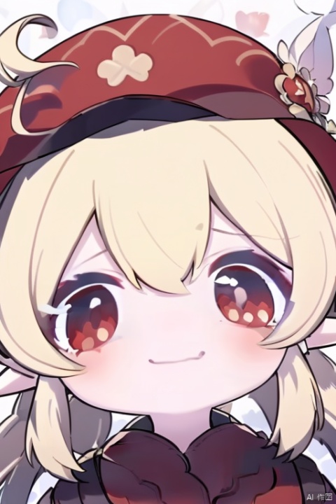  1 girl, ((big head)),solo, blond, red eyes,red clothes,red hat,(look at viewer),((reaction shot)),(closed mouth),smile,simple background,bishi