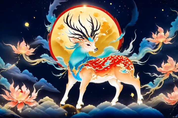  Dunhuang art style illustration ,A large full moon in the background,a magnificent nine-colored deer surrounded by auspicious clouds , Standing in the lotus pond,Ribbons were fluttering,extremely delicate brushstrokes, soft and smooth , China red and indigo, golden background concept art, 8k intricate details, fairytale style, line art, lace