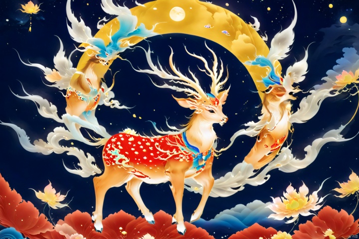  Dunhuang art style illustration ,A large full moon in the background,a magnificent nine-colored deer surrounded by auspicious clouds , Standing in the lotus pond,Ribbons were fluttering,extremely delicate brushstrokes, soft and smooth , China red and indigo, golden background concept art, 8k intricate details, fairytale style, line art, lace