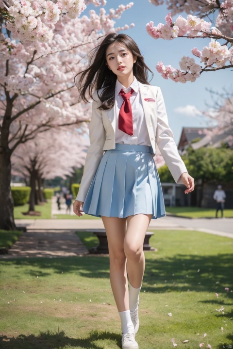  Best Quality, Super High Resolution, a girl (full body photo,) outdoors, white clothes, blue skirt, JK uniform, uniform, full chest, long legs, long hair fluttering, cherry blossom background, blue sky, White Clouds, breeze, turn your face sideways and look to the side