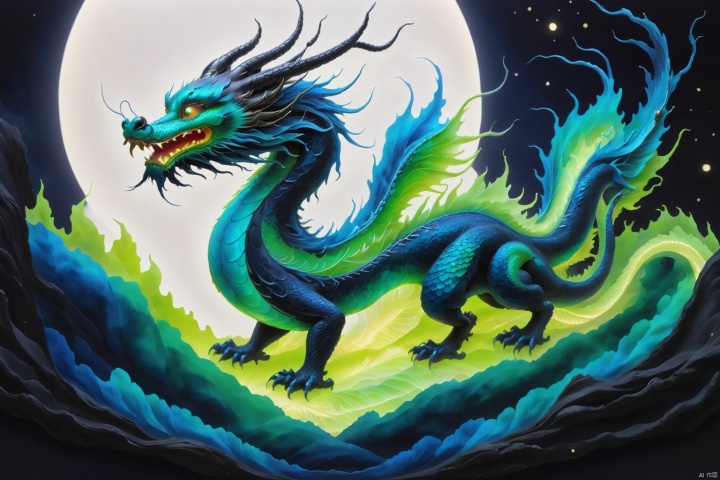  (Mythological Chinese Dragon :1.24), Epic, Black, neon Green, Blue, Fine Line, X-ray effect, Line, Fairy-tale landscape, Surrealism, Microscopic Detail, Surreal, Detail, Clear watercolor + Ink, Soft Tone, Clear Outline, Stardust, Incredibly beautiful Landscape, Dark plant, Dark Fantasy, Multi-color, Multi-layer, 3d, Line, Fiber, Carvings, color illustrations, star charts, moon, volume, unusual fluffy flowers, dark edition