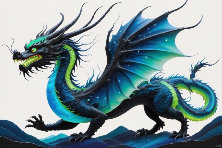  (Mythological Chinese Dragon :1.24), Epic, Black, neon Green, Blue, Fine Line, X-ray effect, Line, Fairy-tale landscape, Surrealism, Microscopic Detail, Surreal, Detail, Clear watercolor + Ink, Soft Tone, Clear Outline, Stardust, Incredibly beautiful Landscape, Dark plant, Dark Fantasy, Multi-color, Multi-layer, 3d, Line, Fiber, Carvings, color illustrations, star charts, moon, volume, unusual fluffy flowers, dark edition