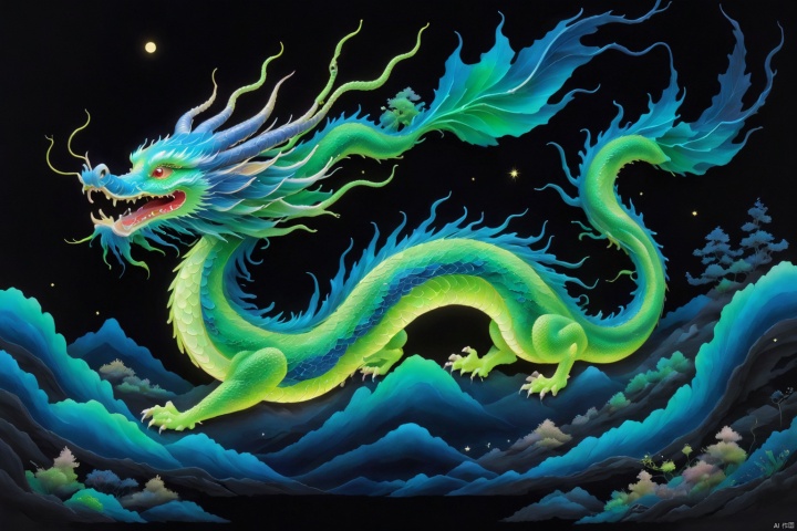  (Mythological Chinese Dragon :1.24), Epic, Black, neon Green, Blue, Fine Line, X-ray effect, Line, Fairy-tale landscape, Surrealism, Microscopic Detail, Surreal, Detail, Clear watercolor + Ink, Soft Tone, Clear Outline, Stardust, Incredibly beautiful Landscape, Dark plant, Dark Fantasy, Multi-color, Multi-layer, 3d, Line, Fiber, Carvings, color illustrations, star charts, moon, volume, unusual fluffy flowers, dark edition