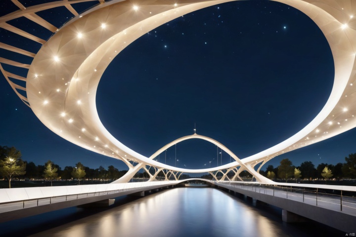  The architectural appearance is magical, the design of Euler's Bridge adopts the principle of topology, the shape of the bridge is like an elegant curve, shuttling through the space. The structure of the bridge not only conforms to the mathematical theorem, but also has practicability, which is the perfect combination of mathematics and art. At night, the bridge lights up, like a bright necklace, dotted in the night sky of the city. , 3D rendering, highly detailed, natural lighting, mathematical design art, stunning visual feast, epic visual art architecture, master works, Mathematical design art, stunning visual feast, Visual art architecture, master works