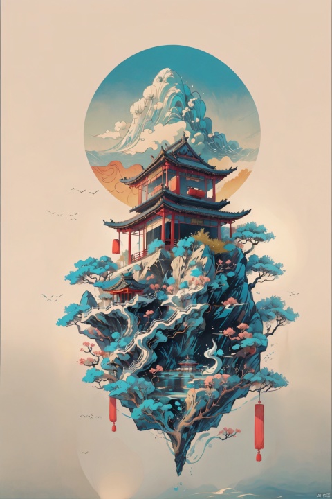  Ultra-high definition, artistic sense, minimalist posters, sea of clouds, Hui-style architecture on the ground, Yangzhou thin West Lake hides an underwater Chinese garden, artistic conception, simple and simple, ancient rhyme left blank