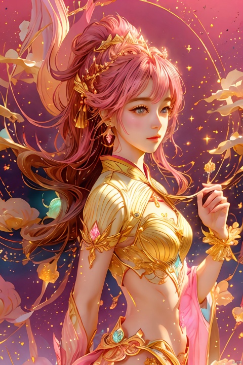  1girl,sparkling glass, sparkling star, stereoscopic Uneven crystal, realistic,Best quality, 8k, cg,high definition,pink_background,light,starry_background, naturalistic rendering, traditional chinese ink painting, 20% pink line, 10%yellow,water,corrugation,golden, 10%light blue,3D, starry sky, 1girl