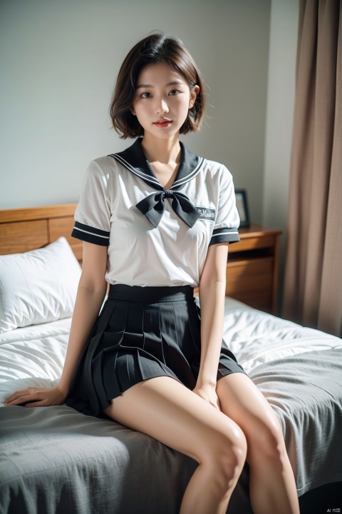  Enhanced, masterpiece, 16K, JK, 1 girl, short hair, school uniform, skirt, sitting on bed, Light master, film