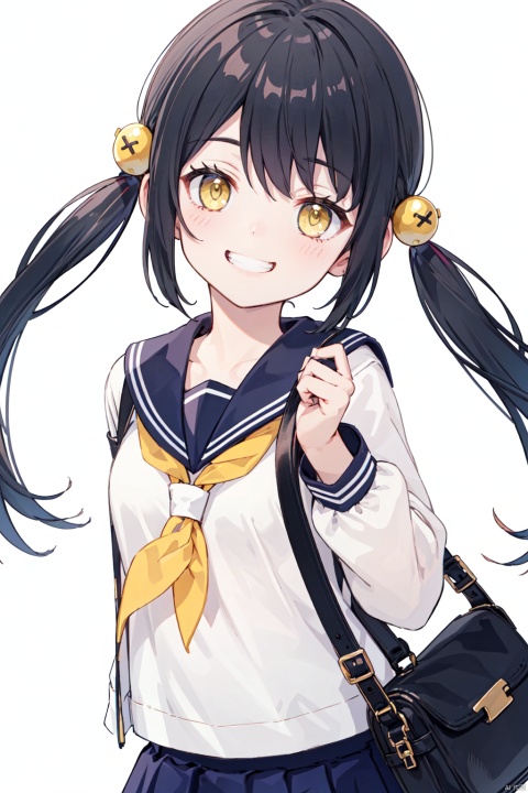 1girl, solo, looking at viewer, smile, skirt, simple background, black hair, hair ornament, twintails, school uniform, jacket, yellow eyes, multicolored hair, serafuku, sailor collar, bag, grin, blue background, the whole body,