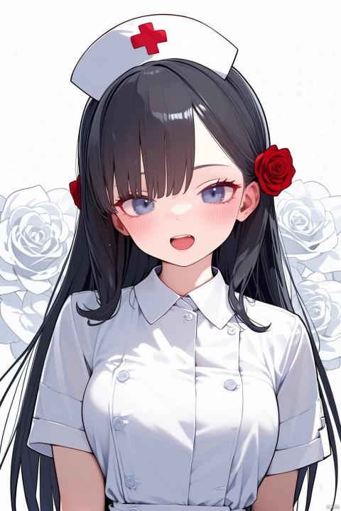 (Best quality), (Masterpiece), (high resolution), illustrated, original, very detailed wallpaper, female, Succubi, open mouth, (white eyelashes), hair covering right eye, demon teeth, nurse's hat on head, hovering white keel hair accessories and red roses, dressed in nurse's uniform, dressed conservatively