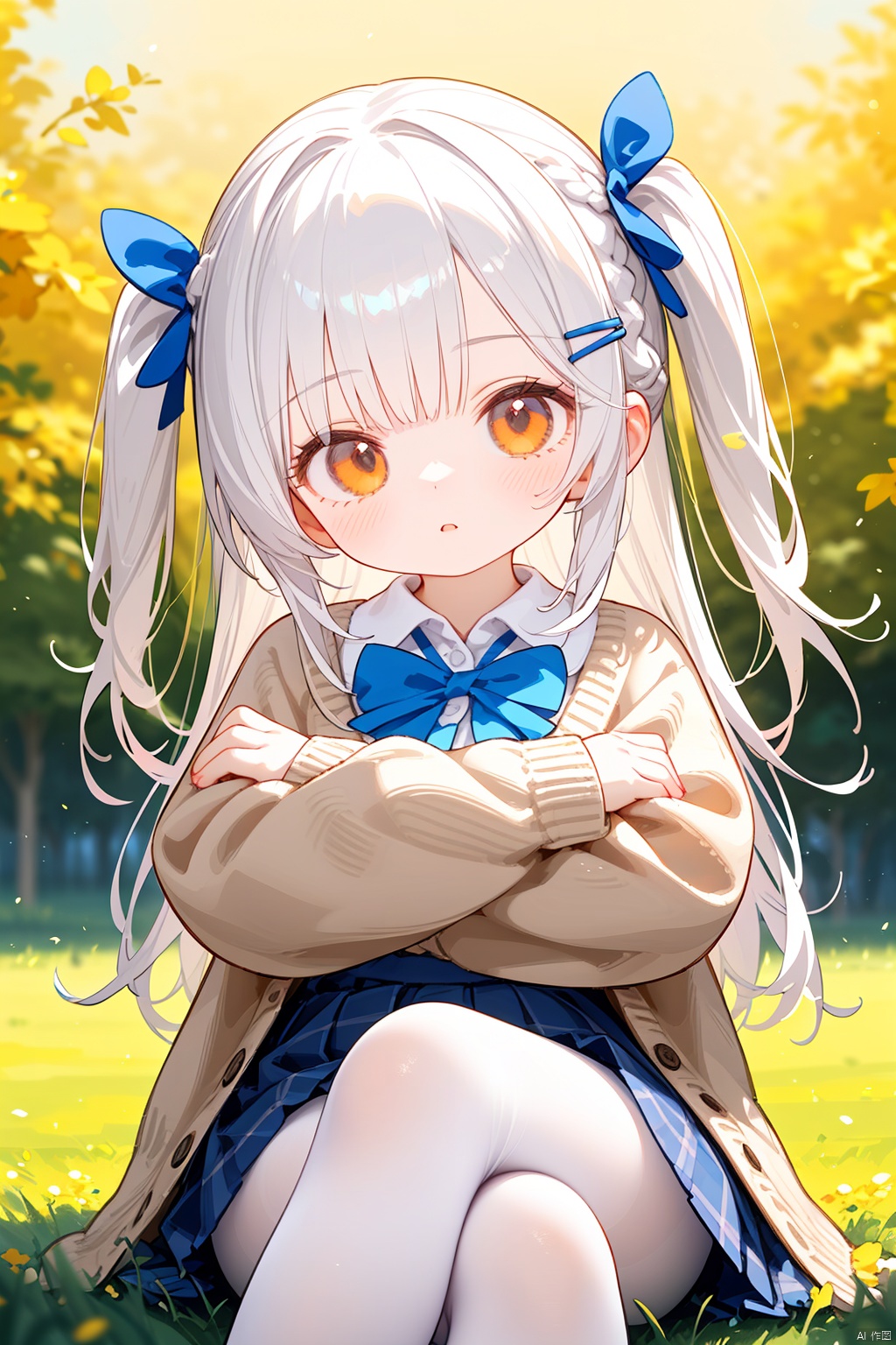  1girl,solo,loli,close-up face,orange eyes,thick eyelashes,tsurime,blush,fine fabric emphasis,white collar,brown cardigan ribbed sweater,blue pleated skirt,huge bow,white pantyhose,Hairpin,filigree,french braid,one side up,crossed arms, crossed legs,expressive hair,outdoor,depth of field,cinematic lighting,golden Theme,face focus, best quality, amazing quality, very aesthetic, absurdres,