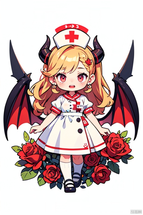 (Best quality), (Masterpiece), (high resolution), illustrated, original, very detailed wallpaper, girls, children, Succubus, mouth, white eyelashes, hair covering right eye, Demon teeth, Nurse's hat on head and huge demon horns, white keel hair ornament and red rose hovering on head, Demon Wings Headdress, European Medieval style dress, Dress with red gems, nurse's uniform, conservative, full body, q