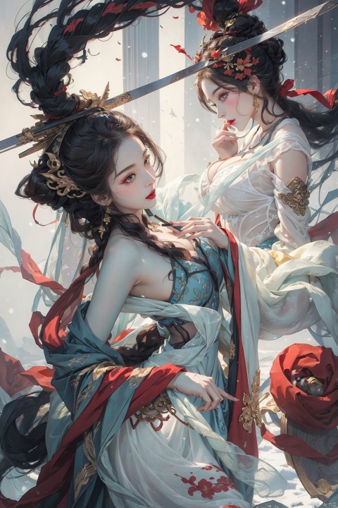  ,Masterpiece, best quality, super high resolution, detailed face, detailed iris perfect face,1girl,fox girl,fox_ears,foxtail,a crafty and villainous person,snowfield,snowing,plum_blossom,white silk dress,tullece,(see-through:1.3),cropped shoulder,rouge (makeup),red eyeshadow,red lips,big breasts,curvy,perfect body,sexy pose,sitting,blood on snowfield,wind,,zhongfenghua