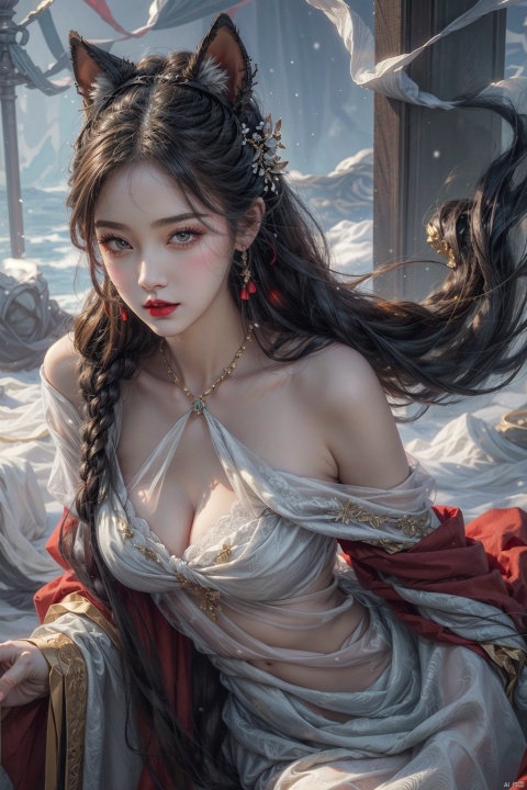  ,Masterpiece, best quality, super high resolution, detailed face, detailed iris perfect face,1girl,fox girl,fox_ears,foxtail,a crafty and villainous person,snowfield,snowing,plum_blossom,white silk dress,tullece,(see-through:1.3),cropped shoulder,rouge (makeup),red eyeshadow,red lips,big breasts,curvy,perfect body,sexy pose,sitting,blood on snowfield,wind,,zhongfenghua