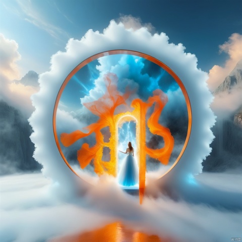  A 4K abstract portal, with a surrealistic, yet realistic, design and a captivating atmosphere., scenery, 1girl,Tyndall phenomenon,best quality,Super detailed,actual,professional,blue lace wedding dress,rows of orange beams,cloud,mist,,White minimalist,partial reflection,Desktop Wallpapers,3d