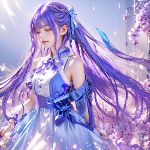  1girl, bangs, bare_shoulders, blue_dress, closed_eyes, dress, floating_hair, long_hair, profile, purple_hair, ribbon, sleeveless, solo, sparkle, star_\(symbol\), very_long_hair, white_dress, wrist_ribbon,smile