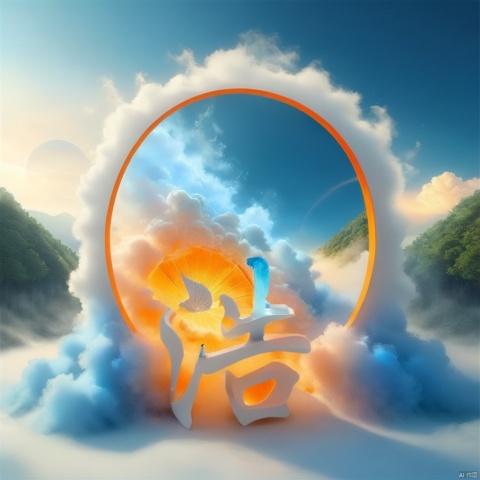  A 4K abstract portal, with a surrealistic, yet realistic, design and a captivating atmosphere., scenery, 1girl,Tyndall phenomenon,best quality,Super detailed,actual,professional,blue lace wedding dress,rows of orange beams,cloud,mist,,White minimalist,partial reflection,Desktop Wallpapers,3d