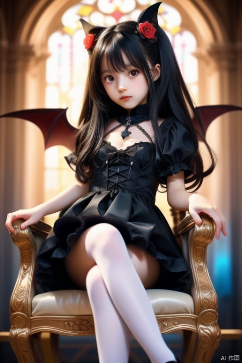  masterpiece, ((best quality)), (ultra-detailed), (illustration), an extremely delicate and beautiful girl, dynamic angle, chromatic aberration, ((colorful)),//,1girls,loli,(petite child:1.1),//,(in Gothic castle),girl with black hair,red eyes,Vertical pupil,long hair,Baby Fat,hair arrangement,(Detailed face description),(batwing),Milk tea in hand,(Gothic Lolita),(bat tail),alccandlestick,Cathedral glass,short skirt,black pantyhose,red lace,high heels,rose tattoo,throne,sitting,crossed legs,//, loli