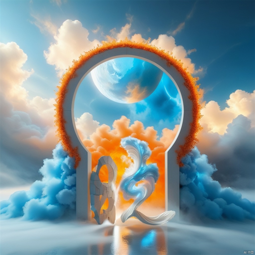 A 4K abstract portal, with a surrealistic, yet realistic, design and a captivating atmosphere., scenery, 1girl,Tyndall phenomenon,best quality,Super detailed,actual,professional,blue lace wedding dress,rows of orange beams,cloud,mist,,White minimalist,partial reflection,Desktop Wallpapers,3d