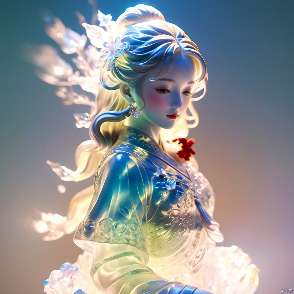  Masterpiece,high quality,Flowers glow,Flowing light,contour light,Glow particle,Illustration style, award winning art, Traditional Chinese painting style, (a statue of a girl carved from ice, the body is completely transparent:1.6), (glowing fluorescent effect), sexy Korean idol face, wavy hair, from below, (upper thighs shot),