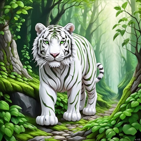 Ultra clear picture quality, detail, 8K, master style,Vines spread in the green forest. On the rocky road, a white tiger slowly crawled towards the mountain road with its big bright eyes.