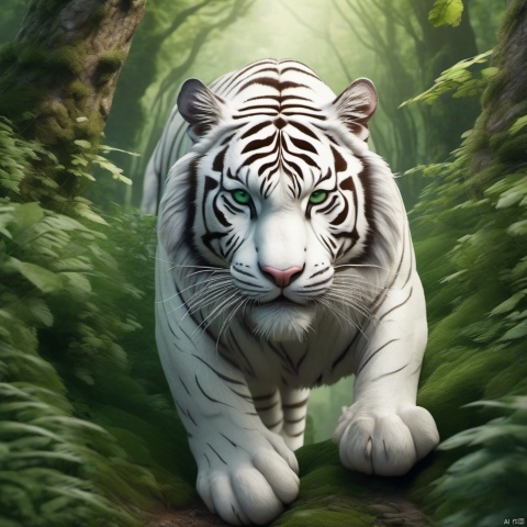  Ultra clear picture quality, detail, 8K, master style,Vines spread in the green forest. On the rocky road, A white tiger pounced on the camera, looking majestic.Jump to the camera.