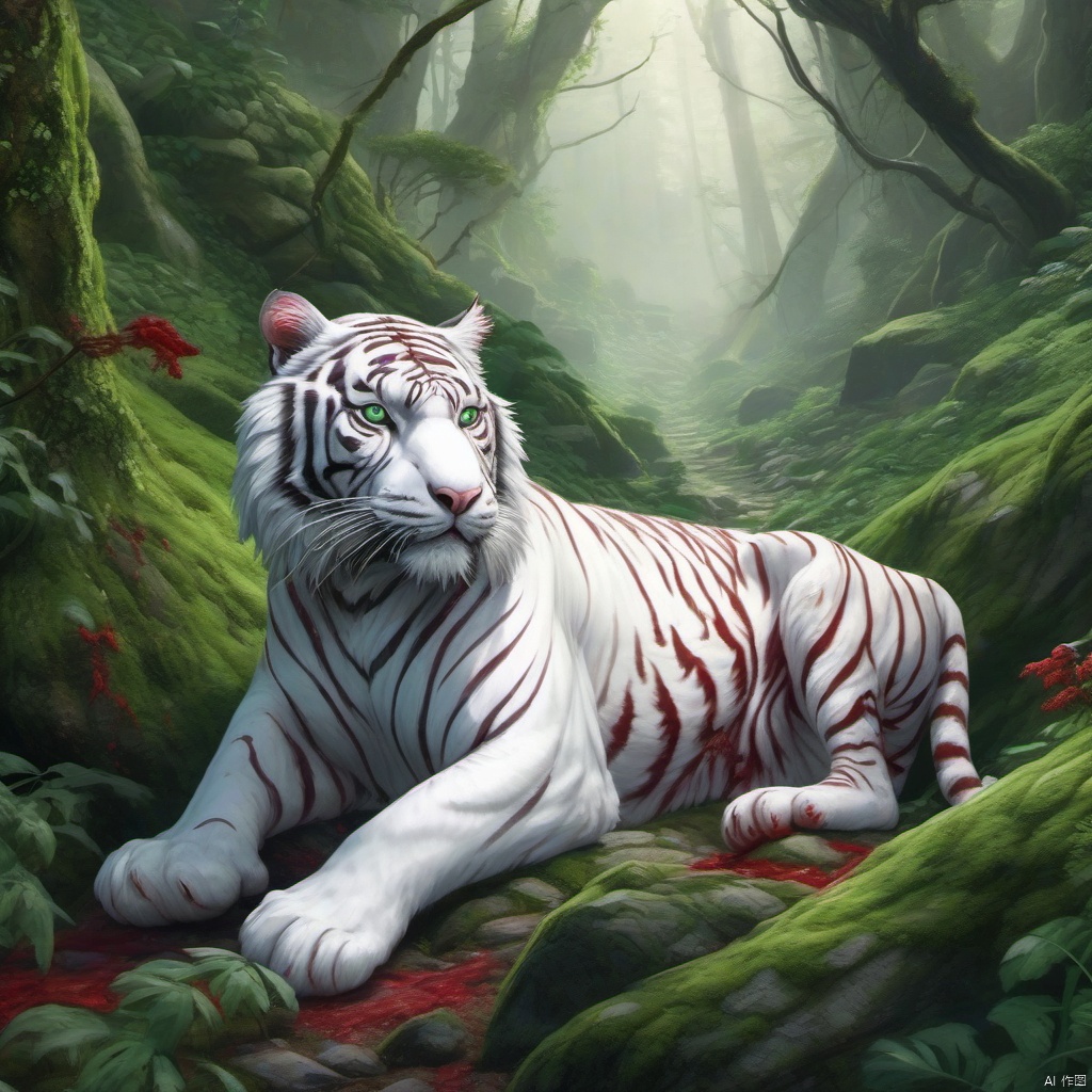  Ultra clear picture quality, detail, 8K, master style,Vines spread in the green forest. On the rocky road, A white tiger with blood-red eyes swooped down the hill.