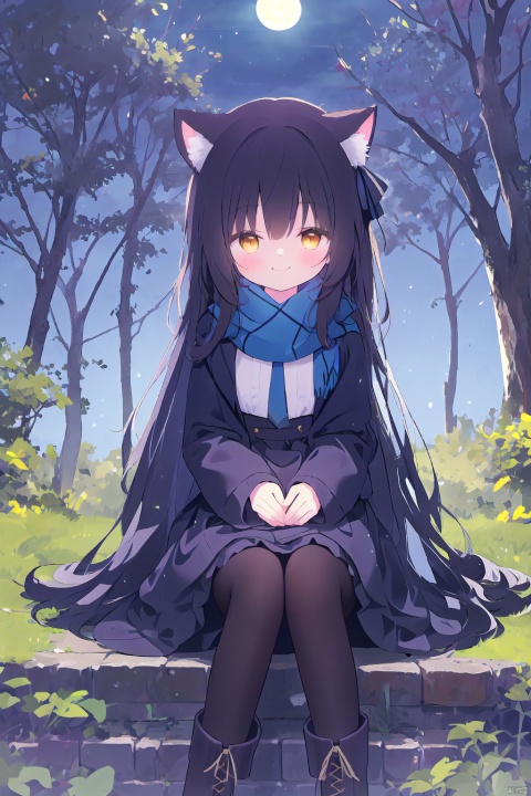1girl, cat, solo, long hair, pantyhose, scarf, black hair, butterfly, sitting, nature, bug, argyle, night, forest, tree, moon, breath, smile, yellow eyes, hair bow, boots, bow, dress, full moon, brown eyes, black pantyhose, argyle legwear, hair ribbon, ribbon,half closed Eyes, backlight, msn, colors