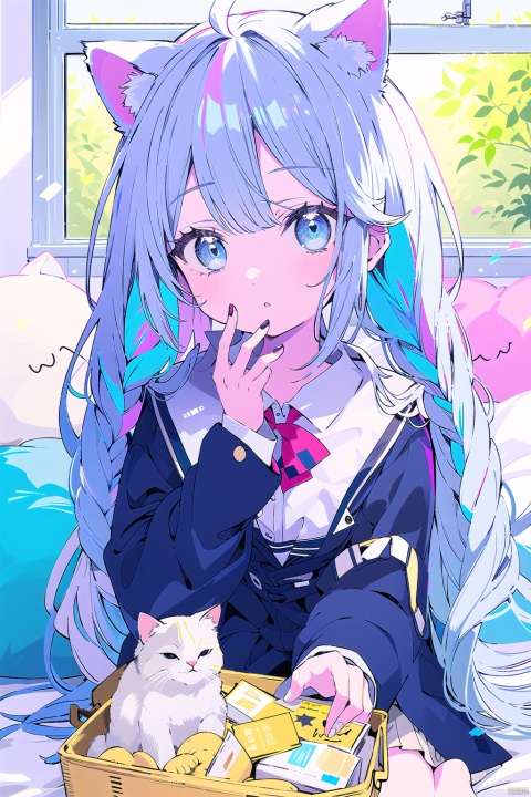  A girl with very long hair, light blue hair, wearing a black school uniform and black silk, introducing herself to the audience, sitting on the bed with light blue eyes and cat ears, cuteloli