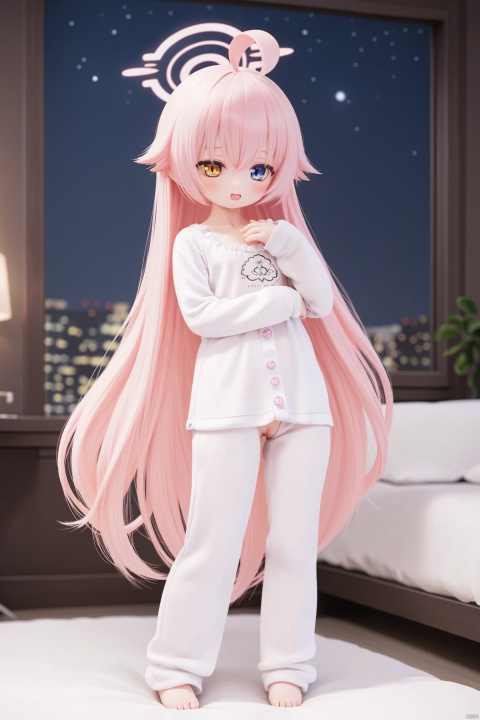  1girl,(masterpiece:1.3),( beautiful:1.2),(high quality:1.2),(finely detailed:1.2),extremely detailed CG unity 8k wallpaper,best quality,a very delicate and beautiful,perfect fingers,(one cute girl at the center:1.2),full_body,loli,petite,baby face,simple background,night,
in a cozy one-piece pajama, soft fabric embracing her curves,
looking_at_viewer,blush,open_mouth, 1girl, solo, long hair, looking at viewer, blush, smile, open mouth,seductive_smile,standing, bangs,hair between eyes, very long hair, yellow eyes, blue eyes,(heterochromia),((white shirt)), pink hair, ahoge,((halo)),hoshino \(blue archive\),(hoshino), sbraxi-style