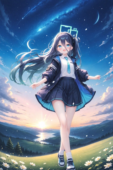  1girl,(masterpiece:1.3),( beautiful:1.2),(high quality:1.2),(finely detailed:1.2),extremely detailed CG unity 8k wallpaper,best quality,a very delicate and beautiful,perfect fingers,(one cute girl at the center:1.2),loli,baby face,night,A vibrant oil painting of a starry night sky. Deep, velvety blues and purples radiate across the canvas, with twinkling stars and wispy clouds dotting the horizon. The moon shines brightly, casting a soft glow over the distant mountains and rolling hills. Bold brushstrokes capture the movement of the night sky, with vibrant colors and textures resembling a traditional oil painting.

looking_at_viewer,blush,open_mouth, 1girl, solo, long hair, looking at viewer, blush, smile, open mouth,seductive_smile,standing,bangs,hair between eyes, very long hair, 
blue eyes, skirt, shirt, black hair, hair between eyes, very long hair, school uniform, blue hair, jacket, pleated skirt, hairband, necktie, shoes, socks, halo, black hairband, sneakers, absurdly long hair, dark blue hair,aris\(bluearchive\)