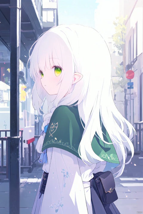 cropped background, (outside border), cropped torso, 1girl, solo, elf, green eyes, (white hair), green gradient hair, (long hair), floating hair, frilled shirt, capelet, long sleeves, pouch, belt, brooch, chibi, upper body, walking, looking back, gothic architecture, street, pavement, (depth of field), jiqing, (\shen ming shao nv\), (\meng ze\)
