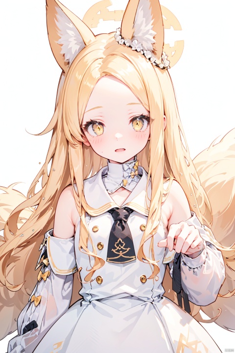  1girl,flat chest,(((white background))), seia, ,(yellow eyes),,fox tail,blond_hair,sleeves past fingers,aged_down,standing,upper_body, ( figma:0.8),bird