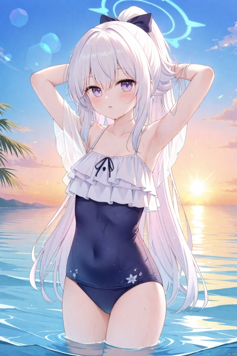  ((yellow mix cyan)), Best-A,ru_zhai-A,illustration,lens flare,cowboy shot,depth of field,blue sky,ocean,sunset,sunlight,horizon,wet,looking at viewer,(wading:1.1),arms behind head,head tilt,arms up,parted lips,armpits,collarbone,miyako \(swimsuit\) \(blue archive\),1girl,solo,very long hair,hair intakes,hair between eyes,high ponytail,(white hair:0.7),purple eyes,sidelocks,small breasts,off shoulder,inside_blue_one-piece_swimsuit,outside_see-through_white_frill,ribbon,bangs,blush,bare shoulders,
, miyakoBA