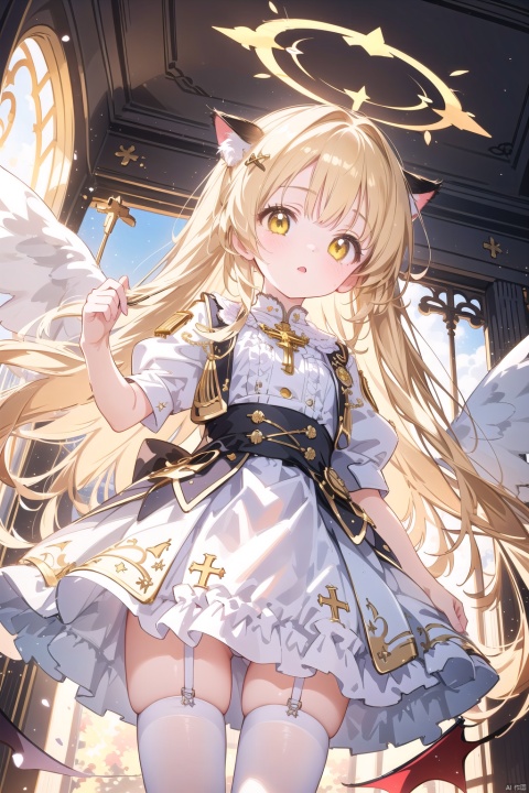  1girl,(masterpiece:1.3),( beautiful:1.2),(high quality:1.2),(finely detailed:1.2),extremely detailed CG unity 8k wallpaper,best quality,a very delicate and beautiful,perfect fingers,(one cute girl at the center:1.2),

sky,yellow eyes, looking up, stockings, long hair, hime cut, messy hair, floating hair, demon wings, halo, cross necklace, holy, divinity, shine, holy light, cat girl, (loli), (petite), solo