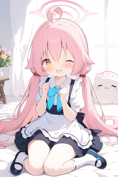  1girl,(masterpiece:1.3),( beautiful:1.2),(high quality:1.2),(finely detailed:1.2),extremely detailed CG unity 8k wallpaper,best quality,a very delicate and beautiful,perfect fingers,(one cute girl at the center:1.2),loli,petite,chibi,baby face,

smile,looking_at_viewer,blush,open_mouth,
1girl, solo, long hair, looking at viewer, blush, smile, open mouth, 

maid_dress,bangs,hair between eyes, very long hair, yellow eyes, ((white shirt)), pink hair, ahoge, short sleeves, one eye closed, shoes, socks,((halo)),white socks,hoshino \(blue archive\),(hoshino), no_logo,no_text,