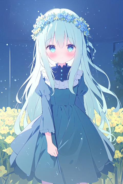  A girl walking in the flower field, wearing a wreath on her head, a blue dress, cute, butterfly, 1girl solo looking at viewer blush s, backlight