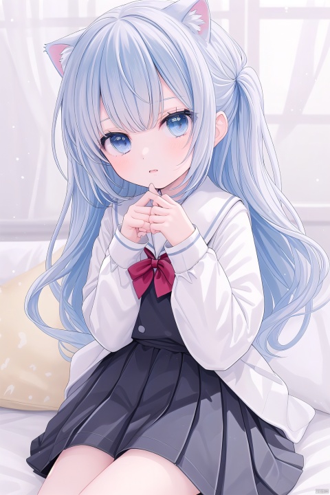  A girl with very long hair, light blue hair, wearing a black school uniform and black silk, introducing herself to the audience, sitting on the bed with light blue eyes and cat ears, cuteloli