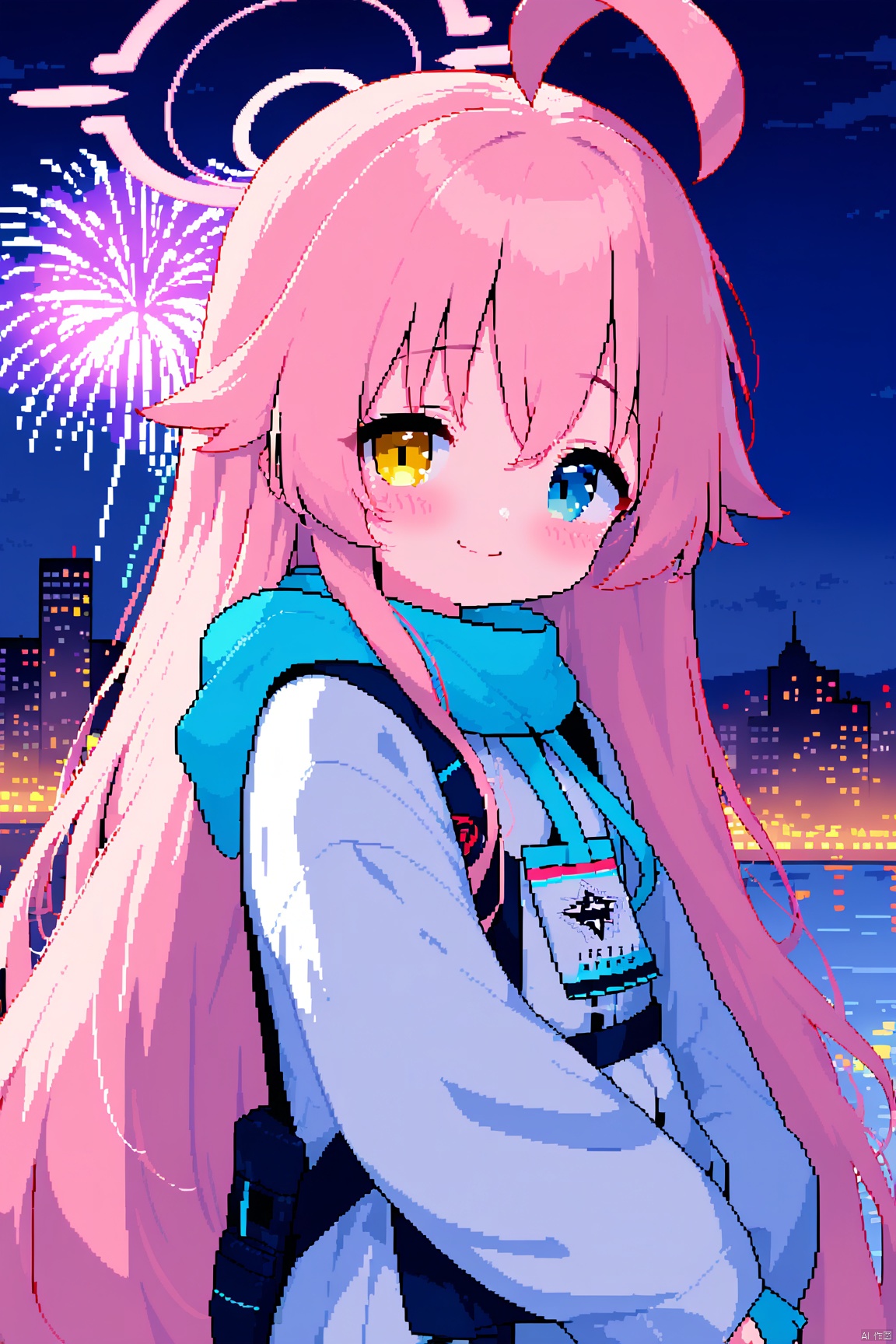 1girl,(masterpiece:1.3),( beautiful:1.2),(high quality:1.2),(finely detailed:1.2),extremely detailed CG unity 8k wallpaper,best quality,a very delicate and beautiful,perfect fingers,(one cute girl at the center:1.2),(panorama),
fireworks, night, looking at viewer, outdoors, bangs, building, sky,  night sky, aerial fireworks, closed mouth, smile, looking to the side, sidelocks,upper body,
,standing, bangs,hair between eyes, very long hair, yellow eyes, blue eyes,(heterochromia), pink hair, ahoge,shoes,((halo)),white socks,hoshino \(blue archive\),(hoshino), Pixel art