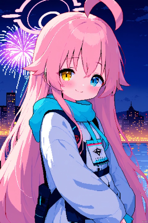 1girl,(masterpiece:1.3),( beautiful:1.2),(high quality:1.2),(finely detailed:1.2),extremely detailed CG unity 8k wallpaper,best quality,a very delicate and beautiful,perfect fingers,(one cute girl at the center:1.2),(panorama),
fireworks, night, looking at viewer, outdoors, bangs, building, sky,  night sky, aerial fireworks, closed mouth, smile, looking to the side, sidelocks,upper body,
,standing, bangs,hair between eyes, very long hair, yellow eyes, blue eyes,(heterochromia), pink hair, ahoge,shoes,((halo)),white socks,hoshino \(blue archive\),(hoshino), Pixel art