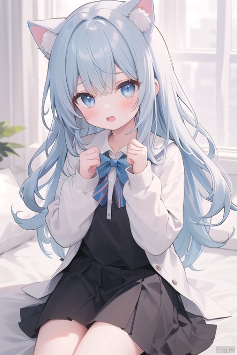  A girl with very long hair, light blue hair, wearing a black school uniform and black silk, introducing herself to the audience, sitting on the bed with light blue eyes and cat ears, cuteloli