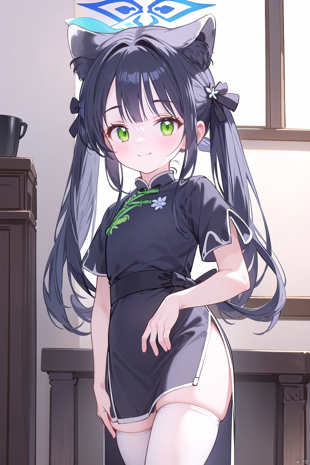  1girl,solo,(masterpiece:1.3),( beautiful:1.2),(high quality:1.2),(finely detailed:1.2),extremely detailed CG unity 8k wallpaper,best quality,a very delicate and beautiful,perfect fingers,(one cute girl at the center:1.2),
 long hair, blush, smile, bangs, black hair, thighhighs, dress, animal ears, twintails, green eyes, short sleeves, black footwear, black dress, white thighhighs, animal ear fluff, chinese clothes, china dress, tiger ears, tiger girl, shun \(blue archive\),shun,cowboy_shot,halo,