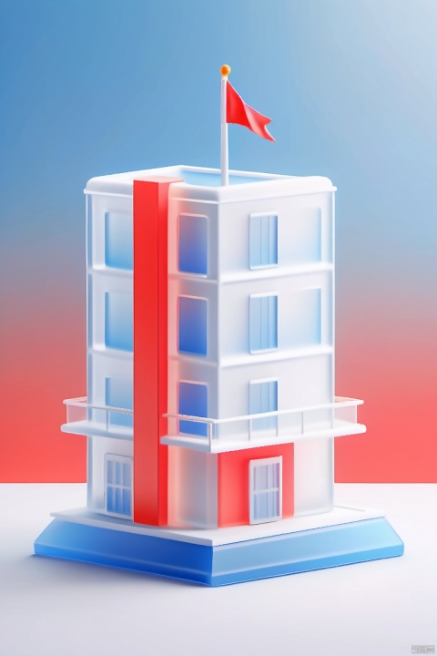 Masterpiece, the best quality, frosted glass effect, 3dIcon, a three-story school building icon with a red flag on it. , surreal fantasy atmosphere, high detail, white background, gradient, gradient background,
